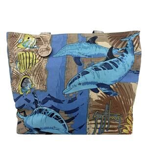 Guy Harvey Sun N Shade Canvas Dolphin Print Beach Tote Bag NWT Coastal Nautical